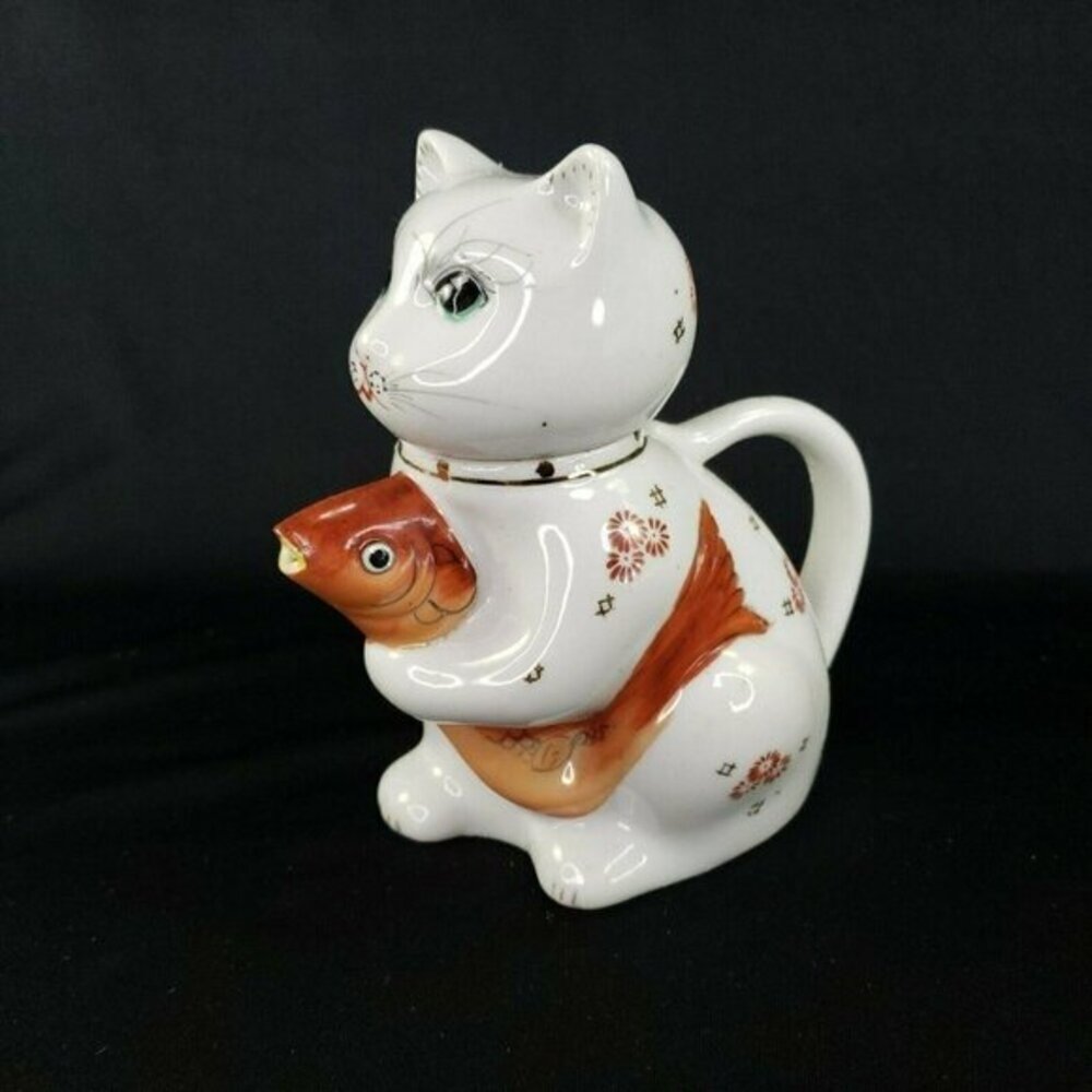 Kitty Cat‎ With Koi Fish Creamer Teapot China White Small Vintage Flaws Pls Read